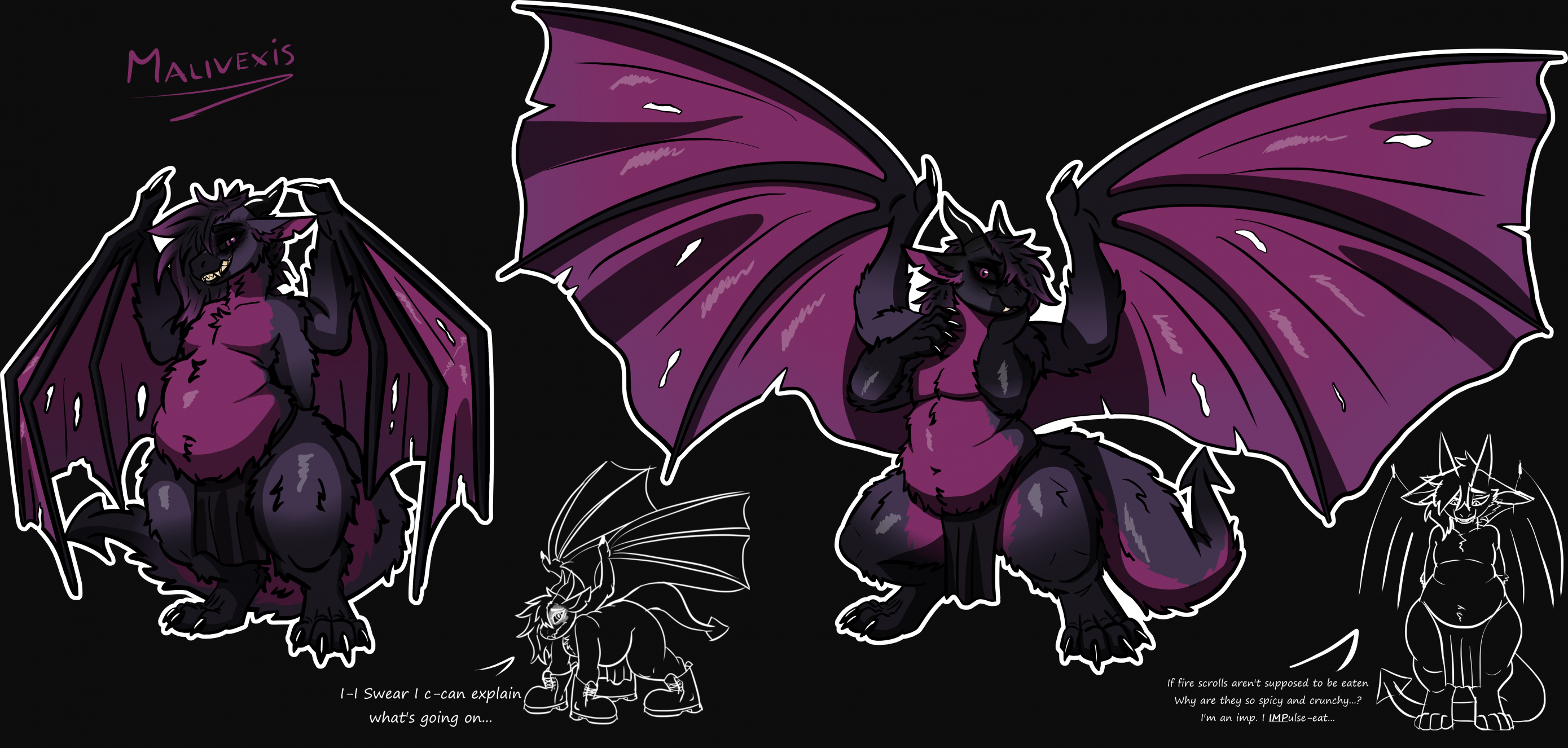 Reference sheet displaying a dark purple imp with a soft stomach and thick thighs.